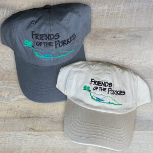 hats embroidered with Friends of the Porkies logo
